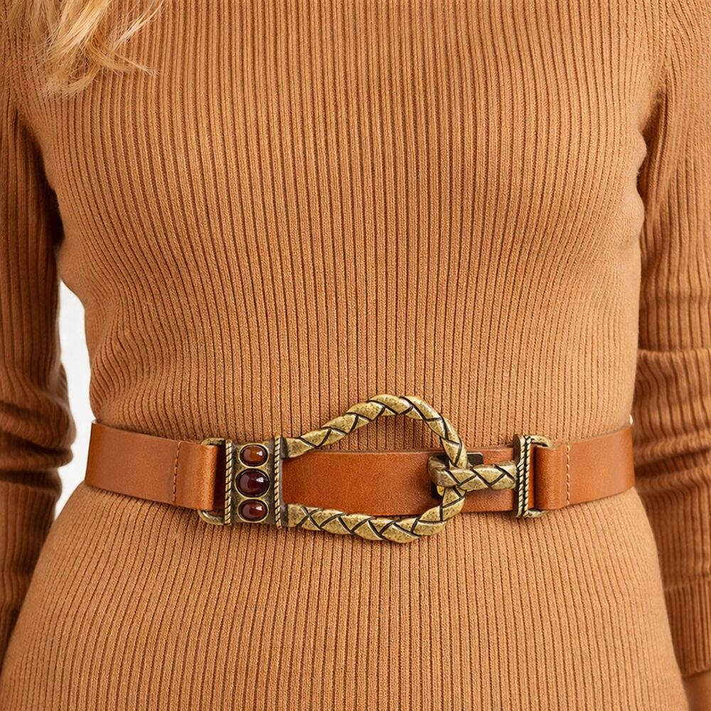 CHICO'S Leather & Brass Hook Buckle Belt Womens M/L Brown Gemstones Adjustable